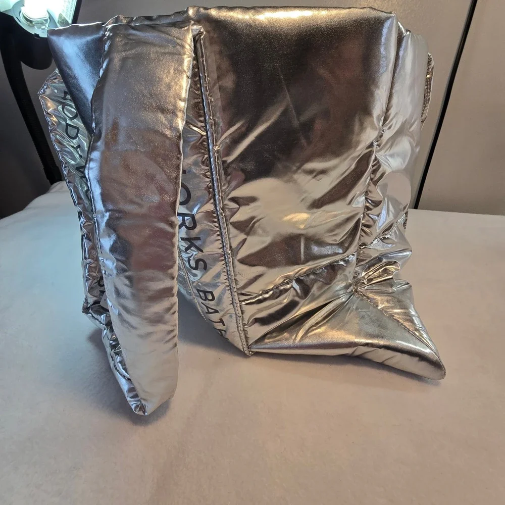 New Bath & Body Works Silver  Puffer Tote Bag 2024 Puffy Metallic Christmas Gift